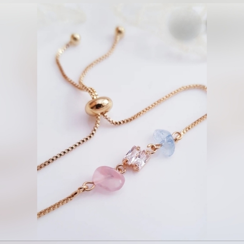NWOT | Women's Rose Quartz, Aquamarine & CZ Crystal Bracelet | 18K Gold Plated - Picture 7 of 8